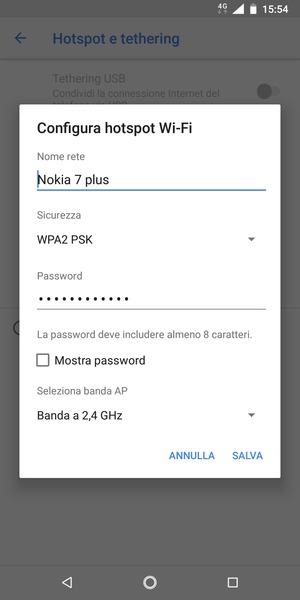 Inserisci una password dell'hotspot Wi-Fi di almeno 8 caratteri e seleziona SALVA
