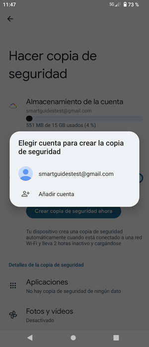 Seleccione su cuenta de copia de seguridad