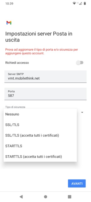 Seleziona Nessuno e AVANTI