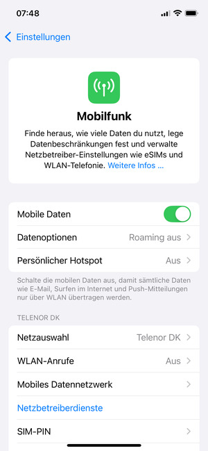 Wählen Sie Mobiles Datennetzwerk