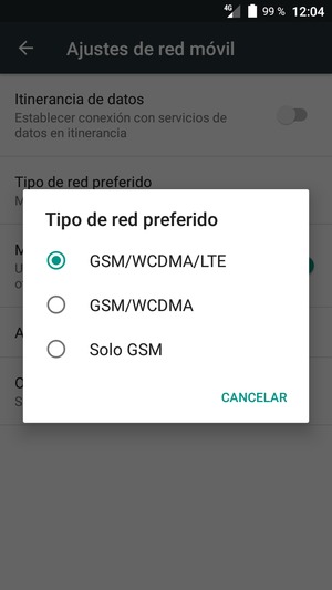 Seleccione Solo GSM para habilitar 2G