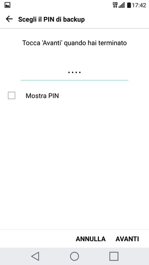 Inserisci una PIN di backup e seleziona AVANTI