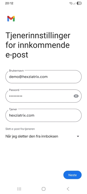 Skriv inn Brukernavn og innkommende serveradresse. Velg Neste