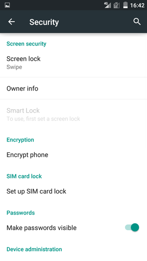 To activate your screen lock, go to the Security menu and select Screen lock