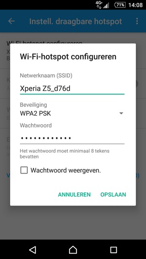 Voer een wachtwoord van een WiFi-hotspot in van ten minste 8 tekens en selecteer OPSLAAN