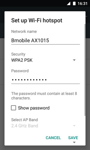 Enter a Wi-Fi hotspot password of at least 8 characters and select SAVE