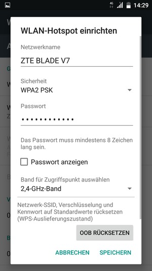 Geben Sie eine WLAN-Hotspot-Passwort mit mindestens 8 Zeichen ein und wählen Sie SPEICHERN