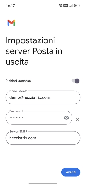 Inserisci l'indirizzo del server di posta in uscita e seleziona Avanti