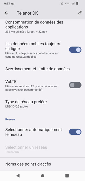 Sélectionnez Type de réseau préféré