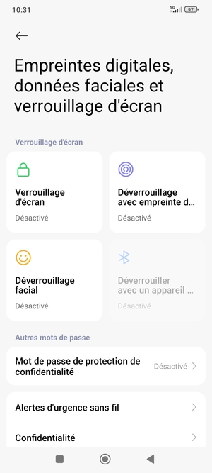 Pour activer votre verrouillage d'écran, retournez au menu Empreintes digitales, données faciales et verrouilage de l'ecran et appuyez sur Verrouillage d'écran