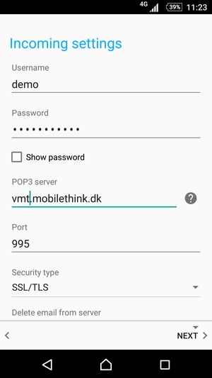 Enter Username and Incoming server address