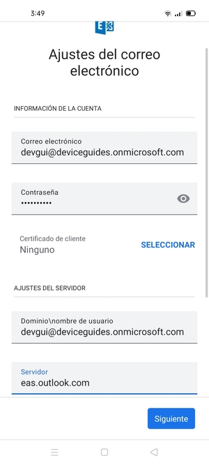 Introduzca Nombre de usuario y la dirección de servidor Exchange. Seleccione Siguiente