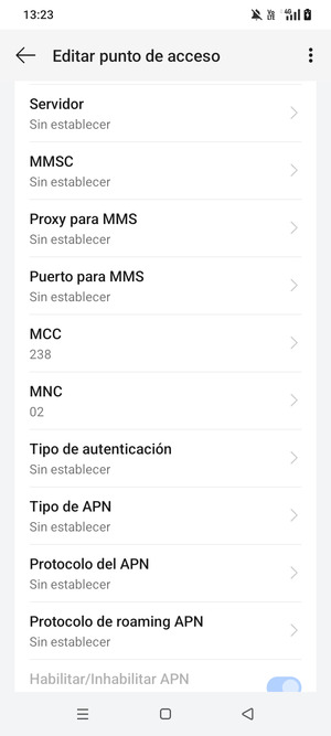 Desplácese hacia abajo e introduzca la información de Internet