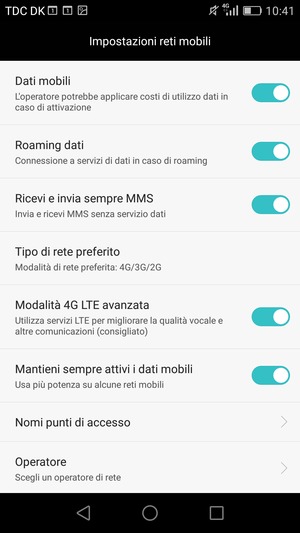 Attiva o disattiva Roaming dati