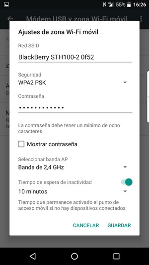 Introduzca una contraseña de punto de acceso Wi-Fi de al menos 8 caracteres y seleccione GUARDAR