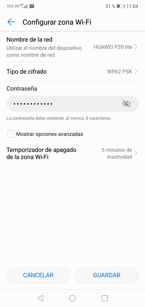 Introduzca una contraseña de punto de acceso Wi-Fi de al menos 8 caracteres y seleccione GUARDAR