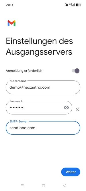 Geben Sie die Server-Adresse für ausgehende Post ein und wählen Sie Weiter