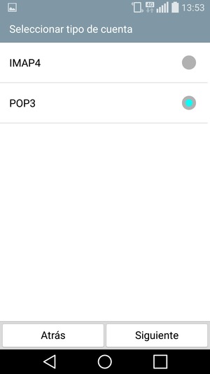 Seleccione IMAP4 o POP3 y seleccione Siguiente
