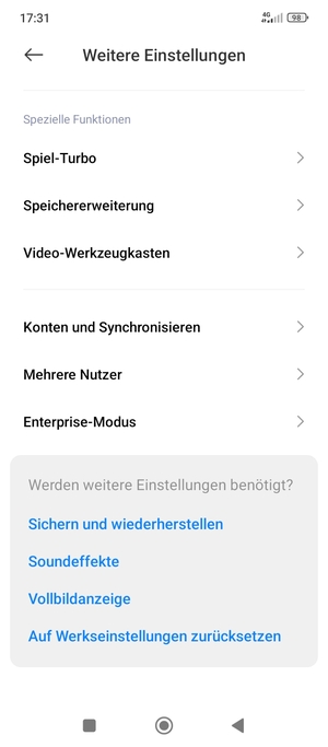 Scrollen Sie und wählen Sie Konten und Synchronisieren