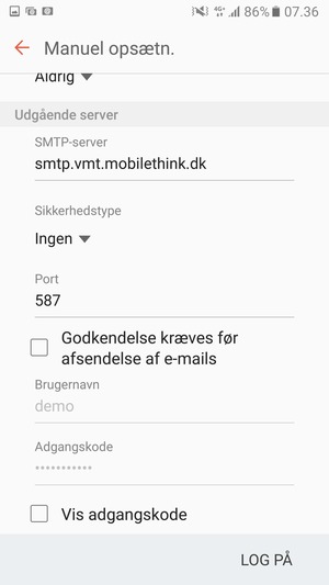 Fjern markeringen i tjekboksen Godkendelse kræves før afsendelse af e-mails og vælg LOG PÅ