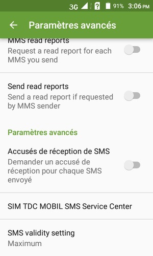 Faites défiler et sélectionnez SMS Service Center / Centre d'assistance SMS