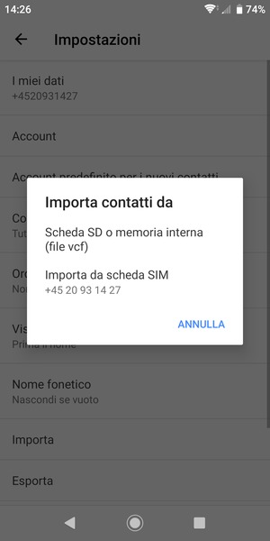Seleziona Importa da scheda SIM
