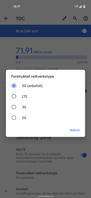 Velg ønsket alternativ