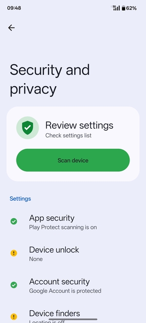 To activate your screen lock, return to the Security and privacy menu and select Device unlock
