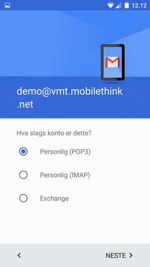 Velg Personlig (POP3) eller Personlig (IMAP) og velg NESTE