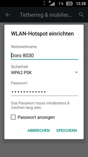 Geben Sie eine WLAN-Hotspot-Passwort mit mindestens 8 Zeichen ein und wählen Sie SPEICHERN