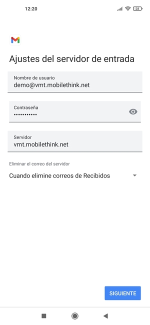 Introduzca Nombre de usuario y la dirección de servidor entrante. Seleccione SIGUIENTE