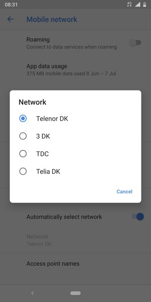 Select a network operator from the list