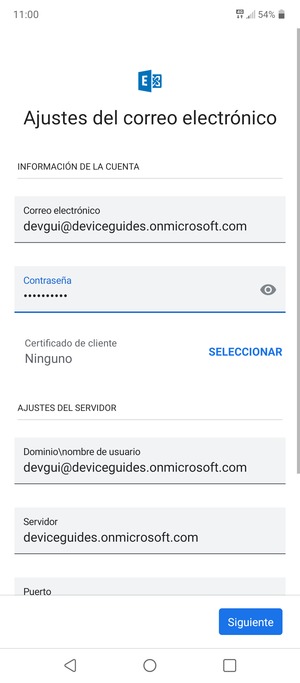 Introduzca Nombre de usuario y la dirección de servidor Exchange. Seleccione Siguiente