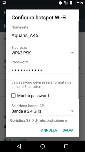 Inserisci una password dell'hotspot Wi-Fi di almeno 8 caratteri e seleziona SALVA
