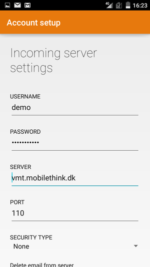 Enter Username and Incoming server address