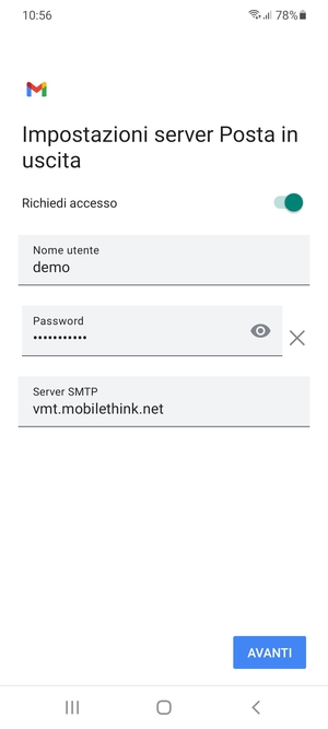 Inserisci l'indirizzo del server di posta in uscita