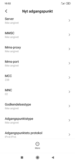 Scroll ned og indtast internet-oplysninger