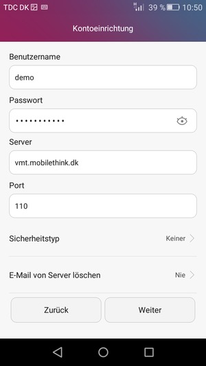 Geben Sie Benutzername und die Server-Adresse für eingehende Post ein. Wählen Sie Weiter