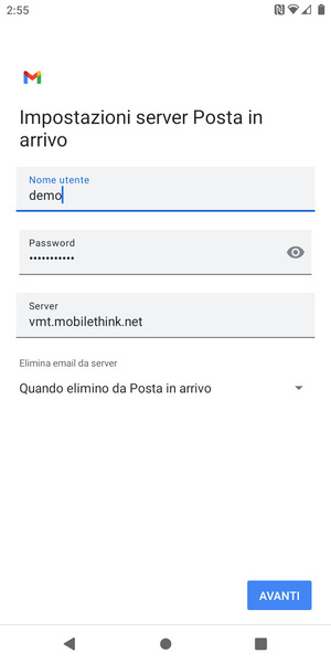Inserisci Nome utente e l'indirizzo del server di posta in arrivo. Seleziona AVANTI