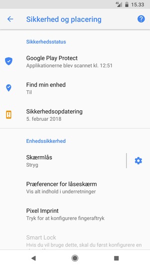For at aktivere din skærmlås, gå til menuen Sikkerhed og placering og vælg Skærmlås