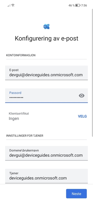 Skriv inn Brukernavn og Exchange serveradresse. Velg Neste