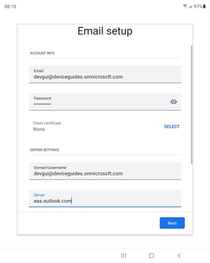 Enter Username and Exchange server address. Select Next
