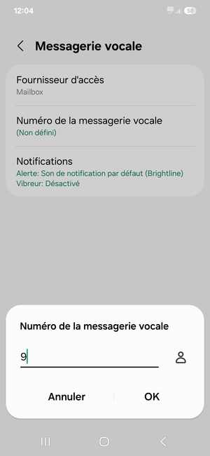 Saisissez le Numéro de la messagerie vocale et sélectionnez OK