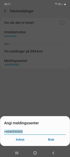 Skriv inn Meldingssenter nummer og velg Bruk