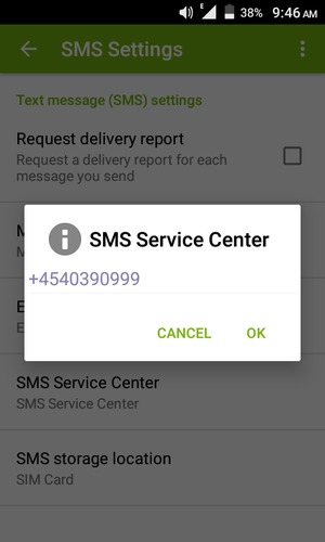 Enter the SMS Service Center number and select OK