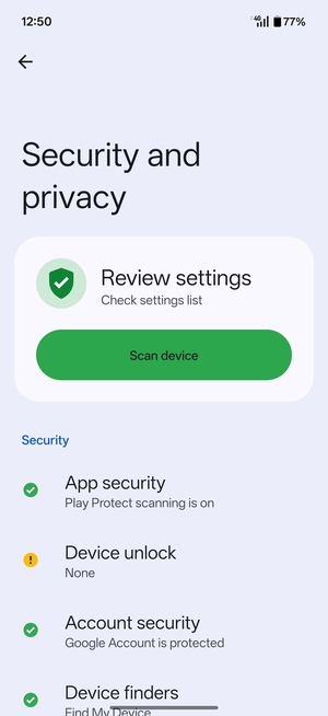 To activate your screen lock, return to the Security and privacy menu and select Device unlock