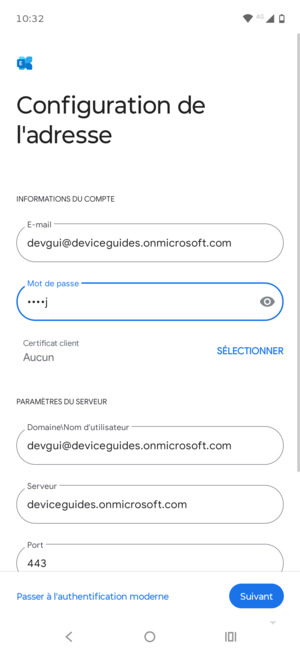Saisissez votre Nom d'utilisateur et l'adresse du serveur Exchange. Sélectionnez Suivant