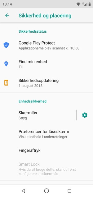 For at aktivere din skærmlås, gå til menuen Sikkerhed og placering og vælg Skærmlås