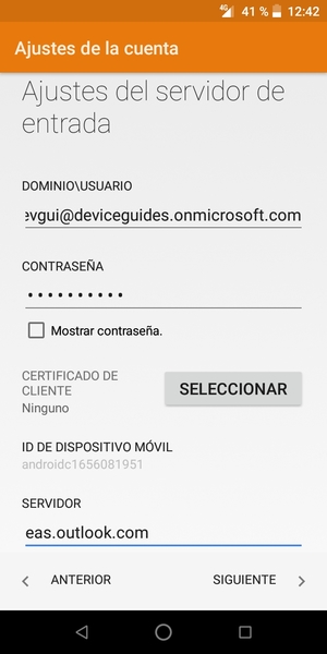 Introduzca Nombre de usuario y la dirección de servidor Exchange. Seleccione SIGUIENTE