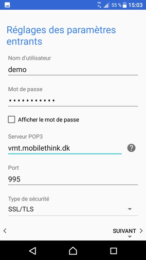 Saisissez votre Nom d'utilisateur et l'adresse du serveur entrant
